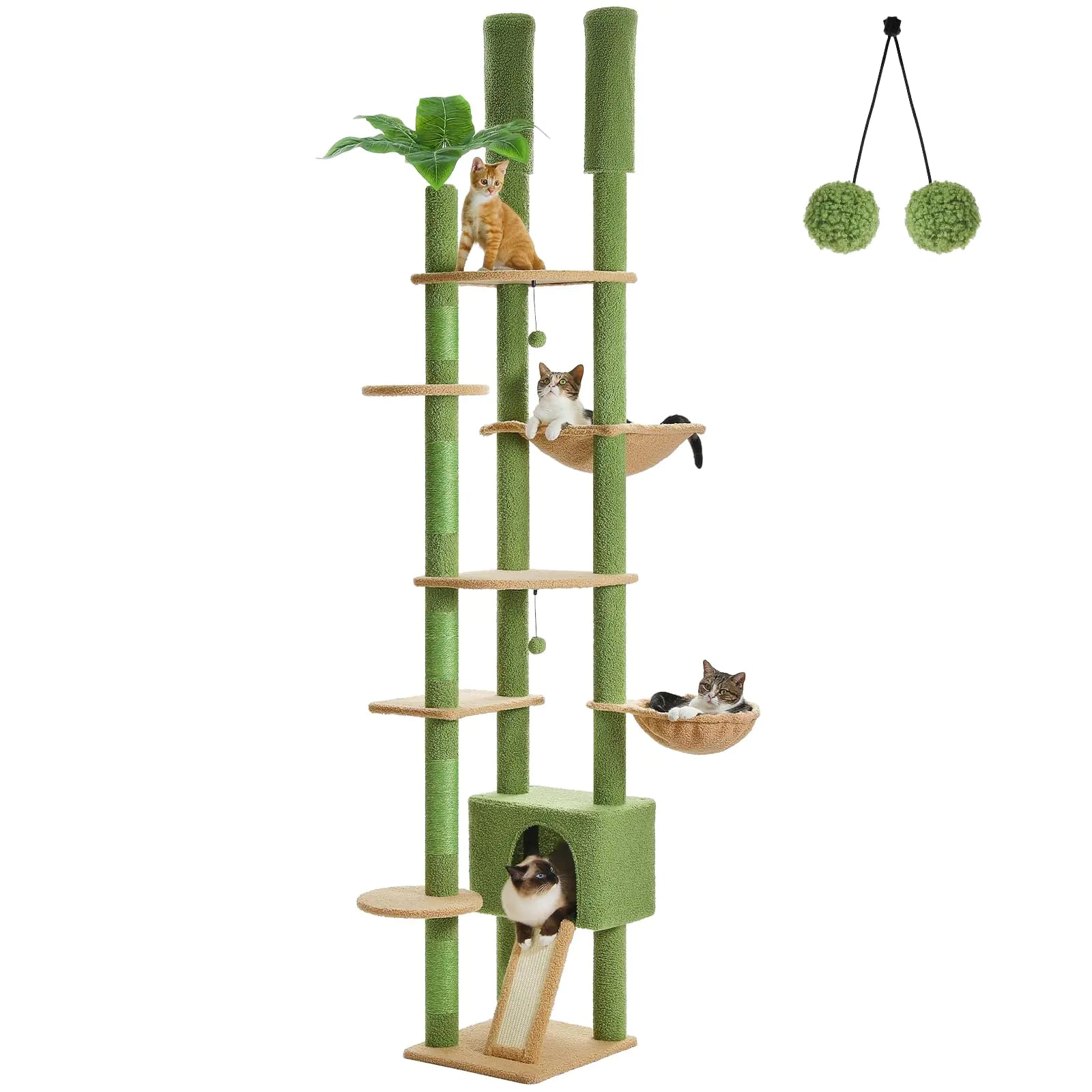 PEQULTI Tall Cat Tree Floor to Ceiling Cat Tree Tower Adjustable [90.5-100.4=230-252CM] with Cat Condo Cat Hammock and Scratching Post Cat Climbing Tree for Indoor Large Cats Green
