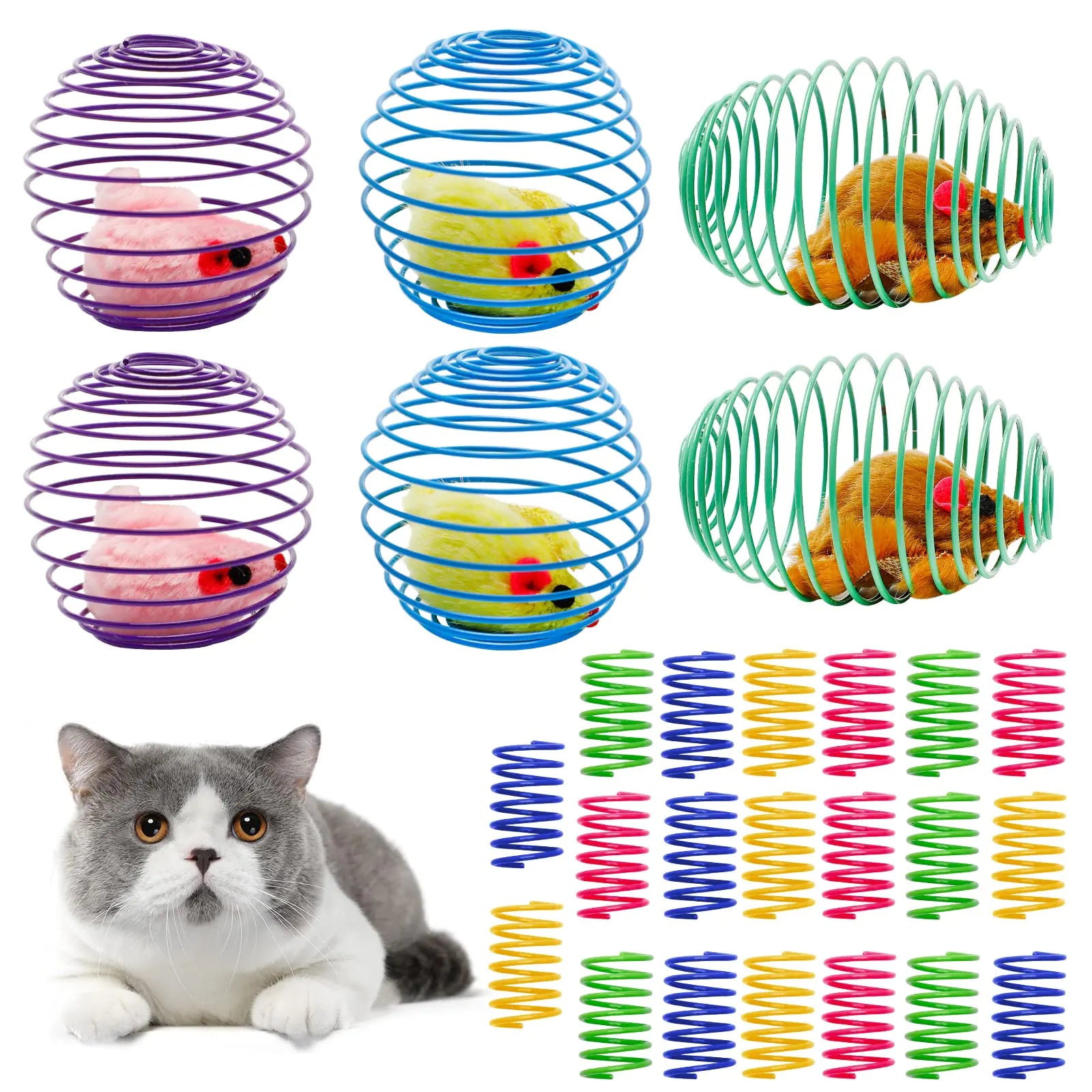 6 Pcs Cat Spring Balls Retractable Cat Spring Toys with 20 Pcs Coil Springs for Indoor Cats Interactive Cat Toys Rolling Cat Balls Colorful Durable Plastic Spring Rings Kitten Cat Pet Supplies