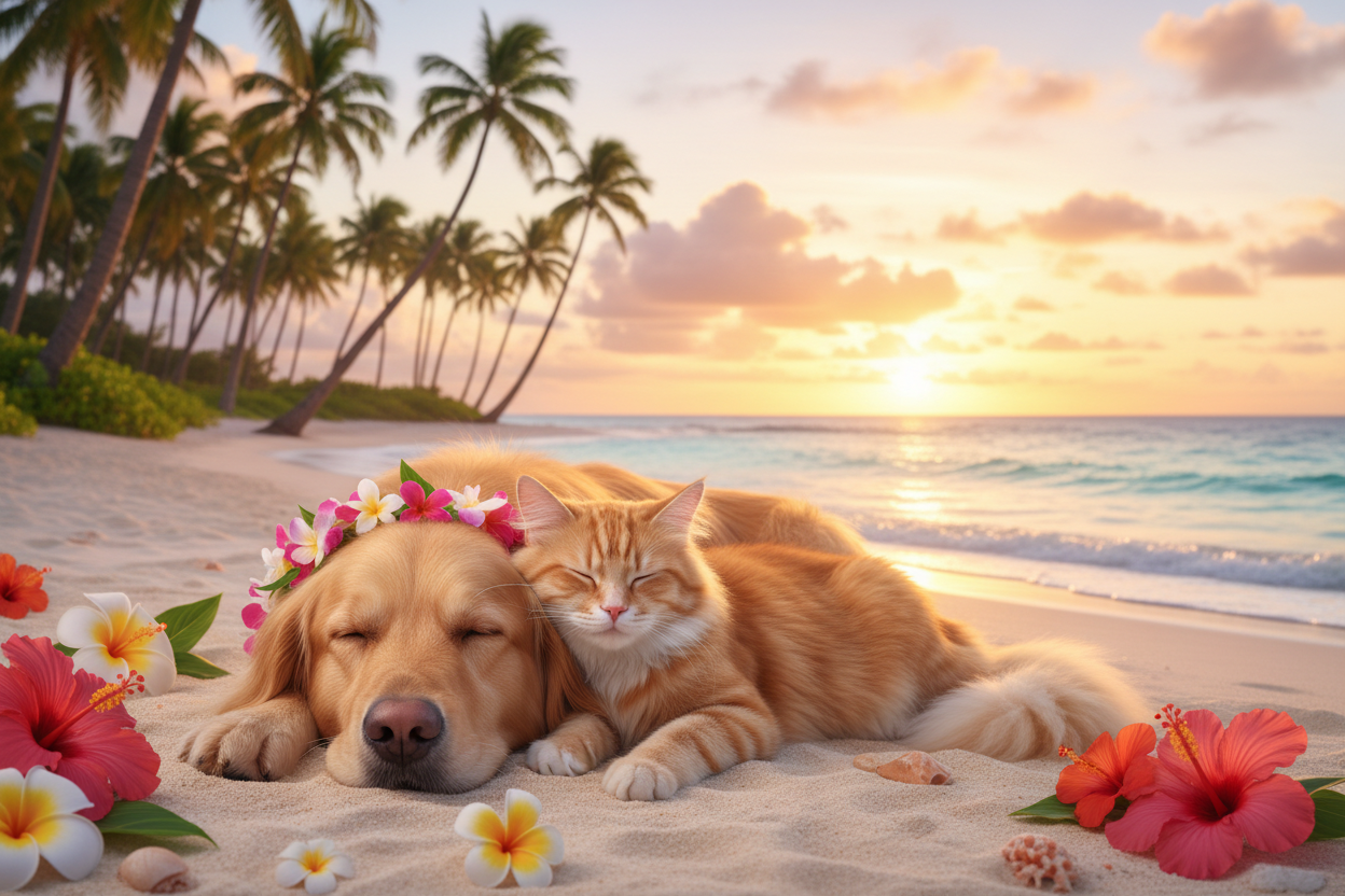 dog chilling with cat in hawaii