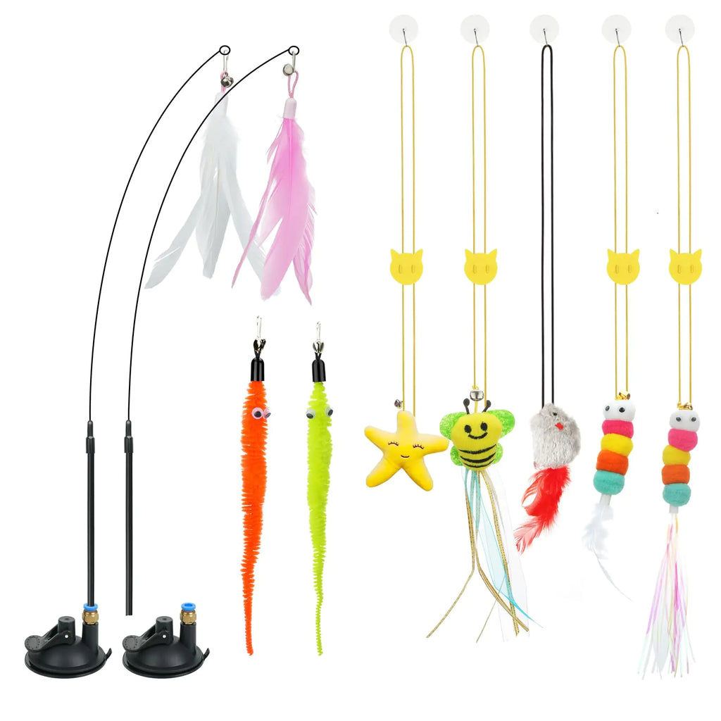 Atosun Cat Toys Interactive Cat Feather Toy for Indoor Cats 2PCS Suction Cup with Feather Replacement for Kitty 6PCS Hanging String Cat Toys for Kitty Cats Play Chase Exercise.