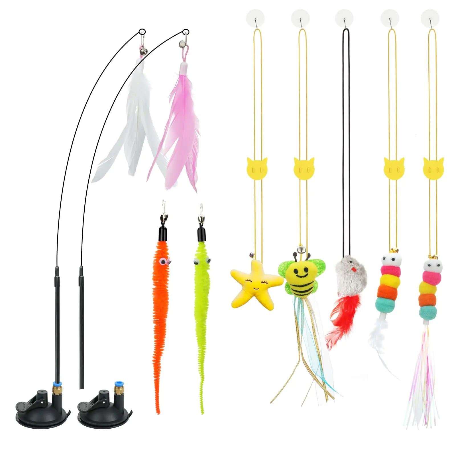 Atosun Cat Toys Interactive Cat Feather Toy for Indoor Cats 2PCS Suction Cup with Feather Replacement for Kitty 6PCS Hanging String Cat Toys for Kitty Cats Play Chase Exercise.
